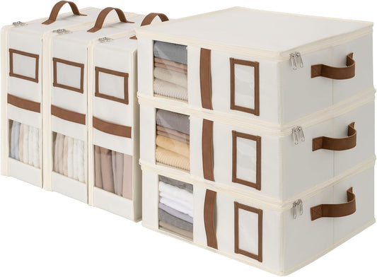 StorageWorks 6-Pack Bed Sheet Organizers and Storage, Foldable Bedsheet Holder for Linen Closet, Bedding Container with Handle, Beige, 15" D x 12¾"W x 5½"H