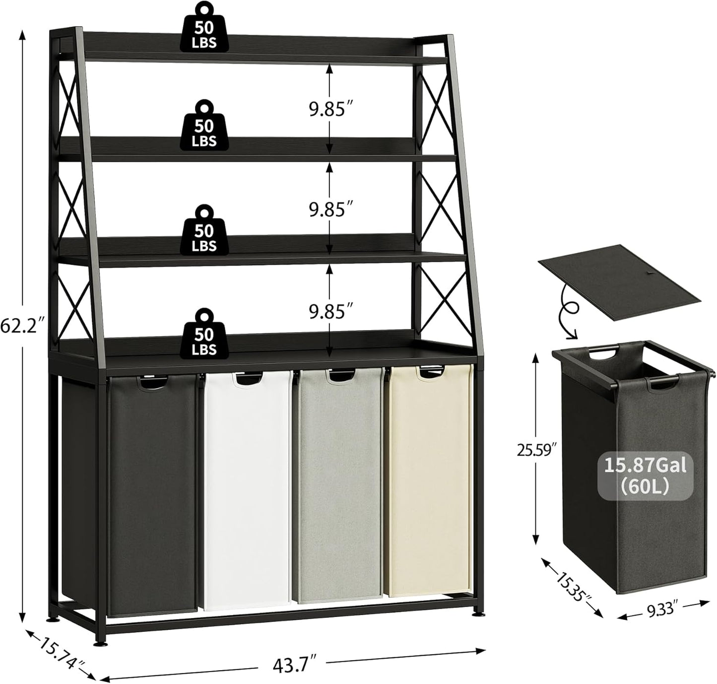 Laundry Basket, 4 Section Laundry Hamper with 4 Tiers Shelf, Pull-Out and Removable Laundry Bags, Large 4 x 15.87 Gallons, for Laundry Room Bathroom Black PF12XLK