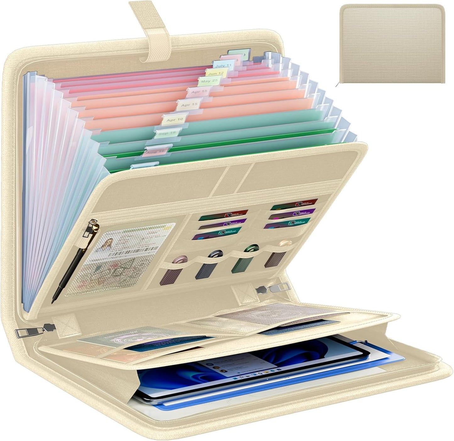 Fireproof Accordion File Organizer, Portable Expanding File Folder with Waterproof Zipper&Labels, Khaki Document Organizer with 13 Pockets, File Organizer for Important Document/Paper Storage