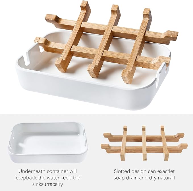 Soap Dishes for Bar Soap,2 Pack Environmentally-Friendly Bathroom Soap Dishes (Removable),2Pcs/Set Bamboo Soap Dishes Holder,Bathroom Sink Soap Dish,White