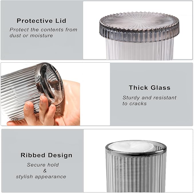 2 Pack Glass Qtip Holder Dispenser Set - Bathroom Organizer for Cotton Swabs, Balls, Pads, Floss Picks - Clear Apothecary Jars for Vanity, Makeup Storage, Bathroom Accessories Decor (Gray&Black)