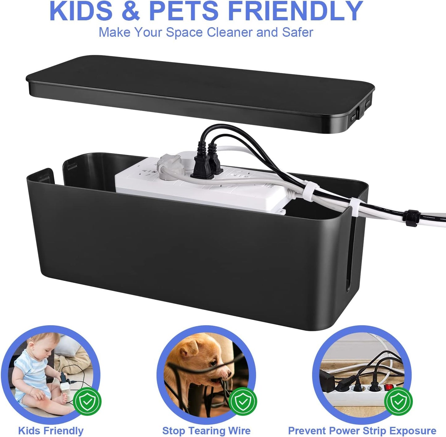 Cable Organizer Box Set of Three, Power Cover Cord Holder Surge Protector for Desk (Black)