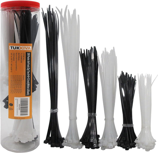 200 Pack White & Black Zip Ties Assorted Sizes 6+8+12 Inch Heavy Duty Cable Ties - Variety Pack Wire Ties