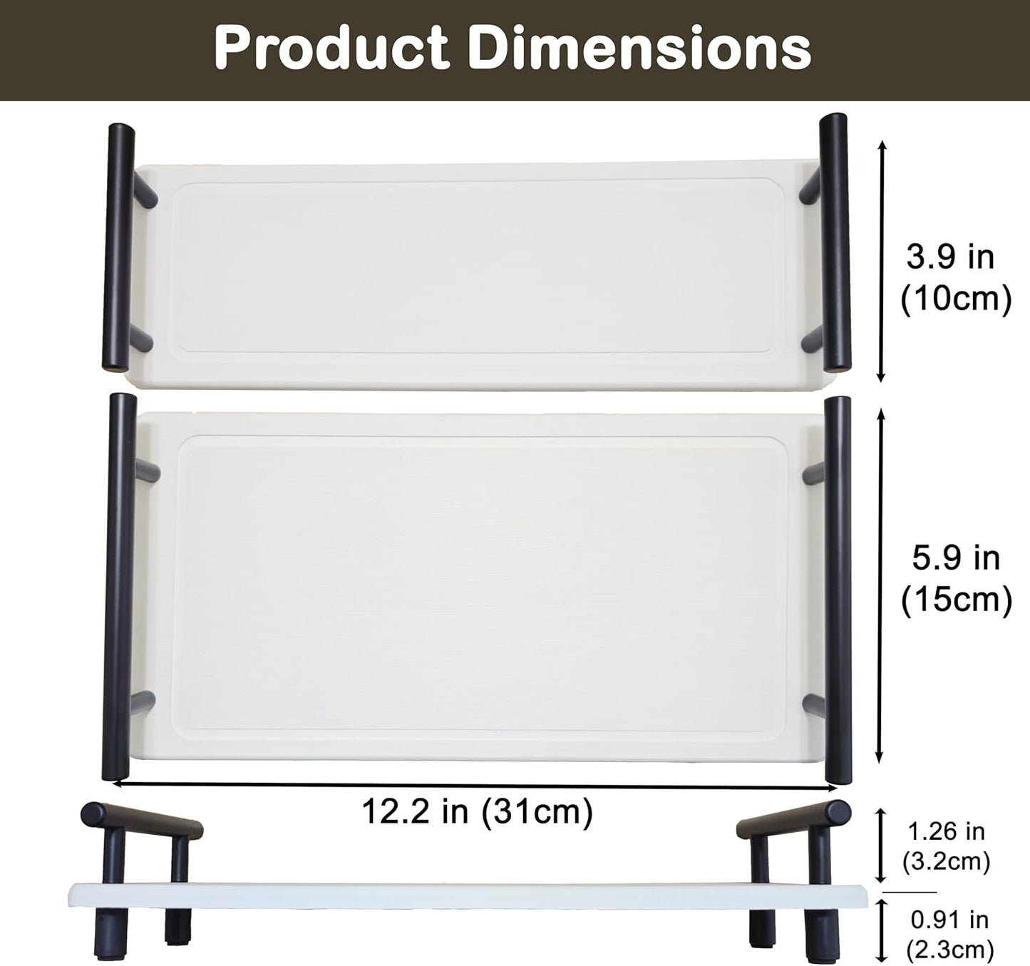 2Pcs Instant Dry Sink Caddy, Water Absorbent Diatomite Tray for Sink, Stone Drying Tray with Metal Handle, Keeping Kitchen and Bathroom Tidy and Clean (White & Black Handle, Large & Small)