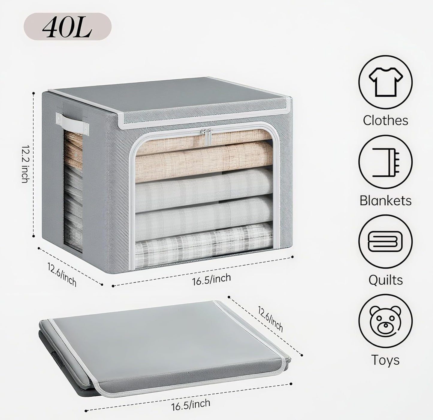 Yecaye Clothes Storage Bins with Metal Frame, 40L Foldable Clothing Storage Bins with Lid, Stackable Zippered Clothes Storage Bags, Oxford Fabric Organizer Box With Clear Window＆ PU Leather Handles