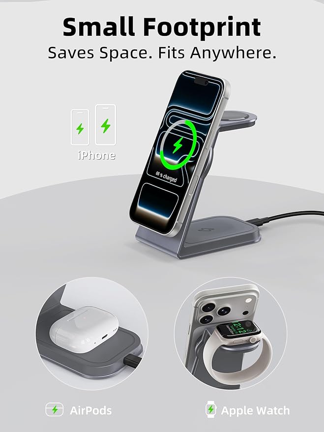 2025 3 in 1 Magnetic Wireless Charger Stand for Apple Devices, TRIBONE Qi2 Certified 15W Fast Charging Station for iPhone 17/16/15/14/13/12 Series, Apple Watch, Airpods