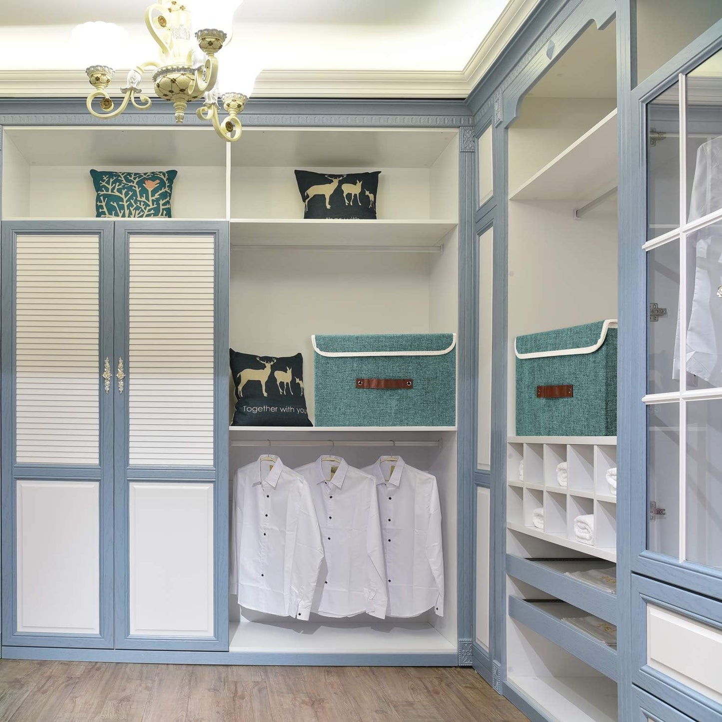 TYEERS Collapsible Storage Boxes, Washable Fabric Storage Bins with Lids, 14.9x9.8x9.8 inches, 2 Pack, Aqua Deep