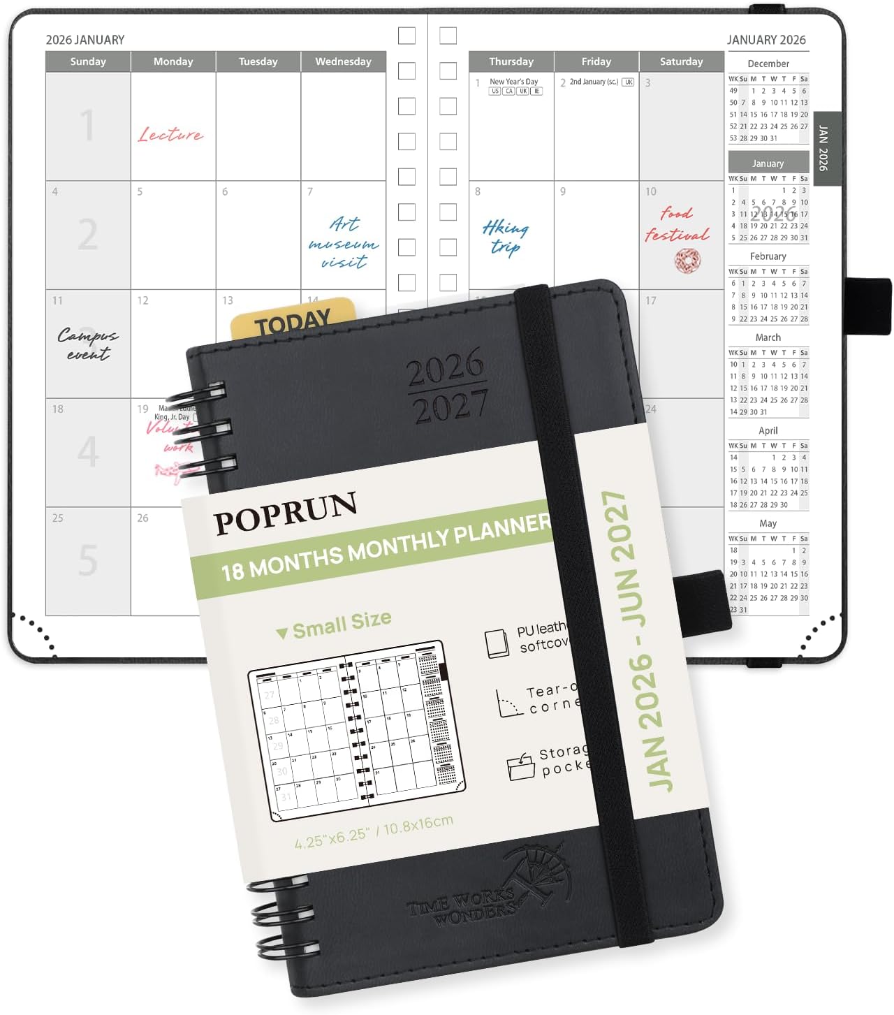 POPRUN Monthly Planner 2026-2027 (Pocket 4.25" x 6.25") 18 Months Calendar (Jan 2026 - Jun 2027) - 4 Pages per Month with Expense & Notes, Leather Cover, Sunday Starts - Black