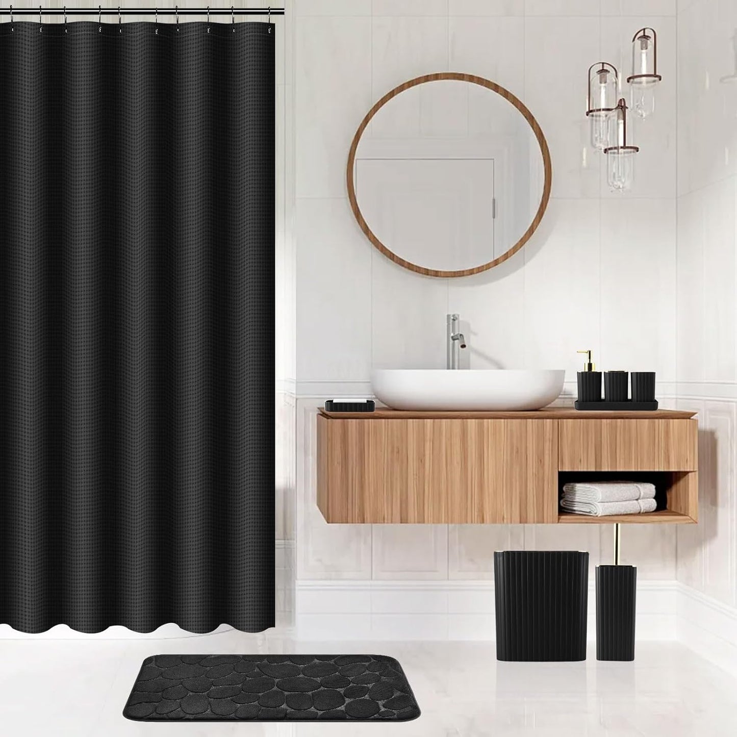 26PC Bathroom Accessories Set - Gorgeous Black Bathroom Set, Bathroom Accessory Set, Black Shower Curtain Set with Bathtub Mats for Shower Tub