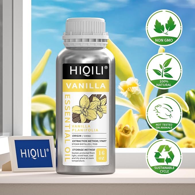 HIQILI 16 Ounces Vanilla Essential Oil, Strong Fragrance for Body Lotion, Candle Making, Soap, Aromatherapy -16 Fl Oz