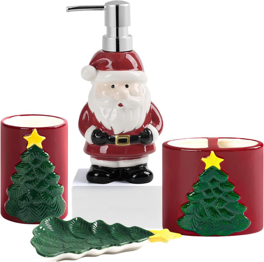 Merry Christmas Bathroom Accessories Set 4 Pieces Toothbrush Holder Soap Dispenser Ceramic Bathroom Accessory Set Contain Toothbrush Cup Soap Dish Tumbler