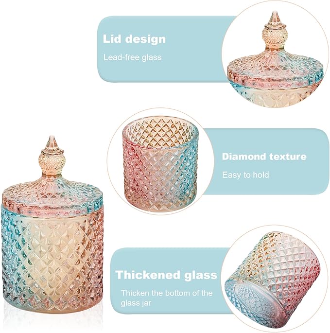 rejomiik 2 Pack Qtip Holder Glass Bathroom Accessories Vanity Organizers and Makeup Storage for Cotton Swabs, Balls, Pads, Floss Picks, Candy, Small and Large Rainbow