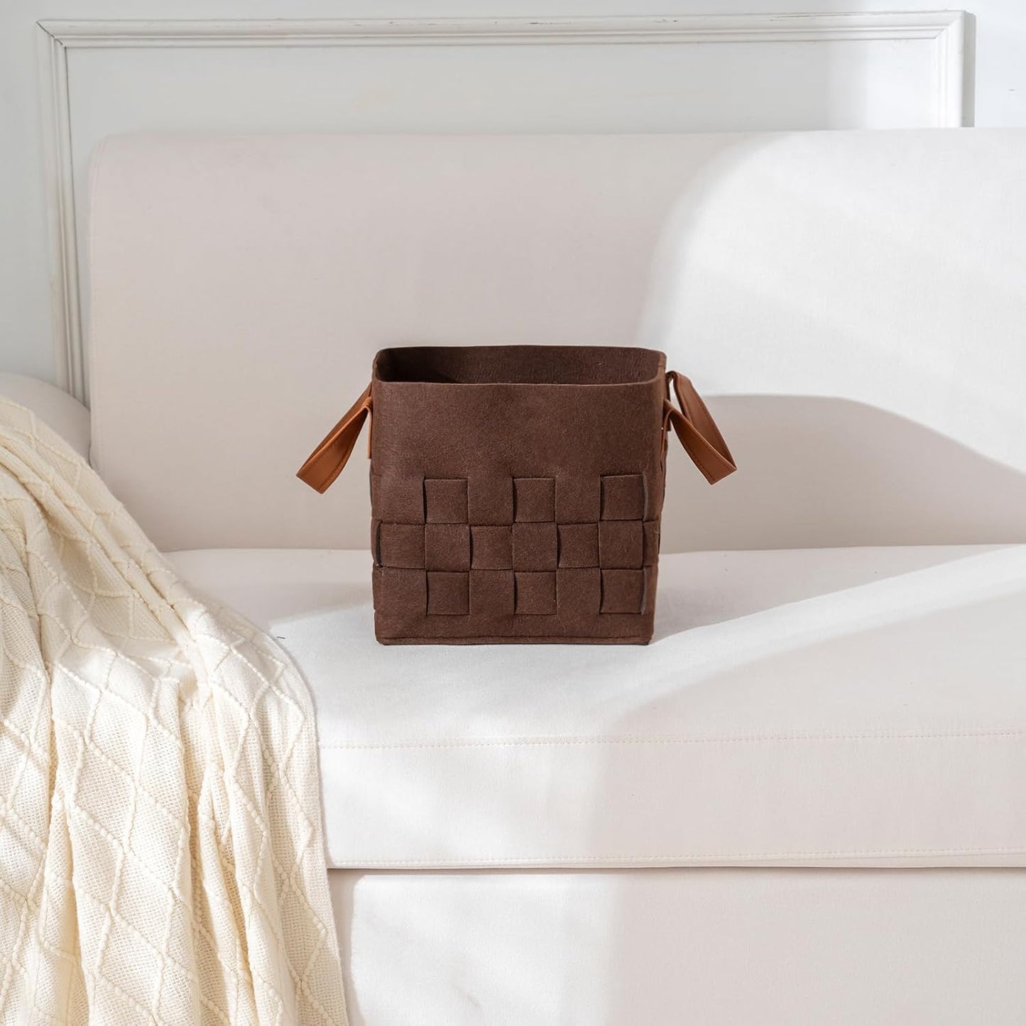 10 Inch Cube Storage Basket 3 Pack, Blanket Baskets with Leather Handle, Felt Fabric Storage Bin for Shelves,Square Baskets for Toys Nursery Living Room, Brown