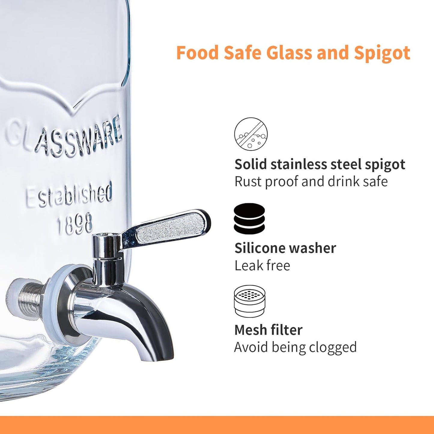 2 Pack1Gallon Glass Drink Dispensers with Stand&Bamboo Lids&Fruit Infuser,304 Stainless Steel Leak-Proof Spigot,Beverage Dispenser for Parties,Water Sangria Juice Sun Tea Lemonade(Brown)