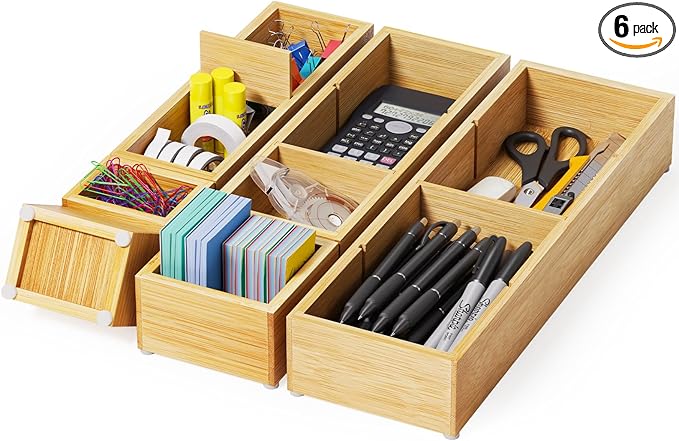 Desk Drawer Organizer Tray Set of 6 – Bamboo Office Storage Boxes with 12 Compartments for Office Supplies, Cosmetics, Jewelry and More