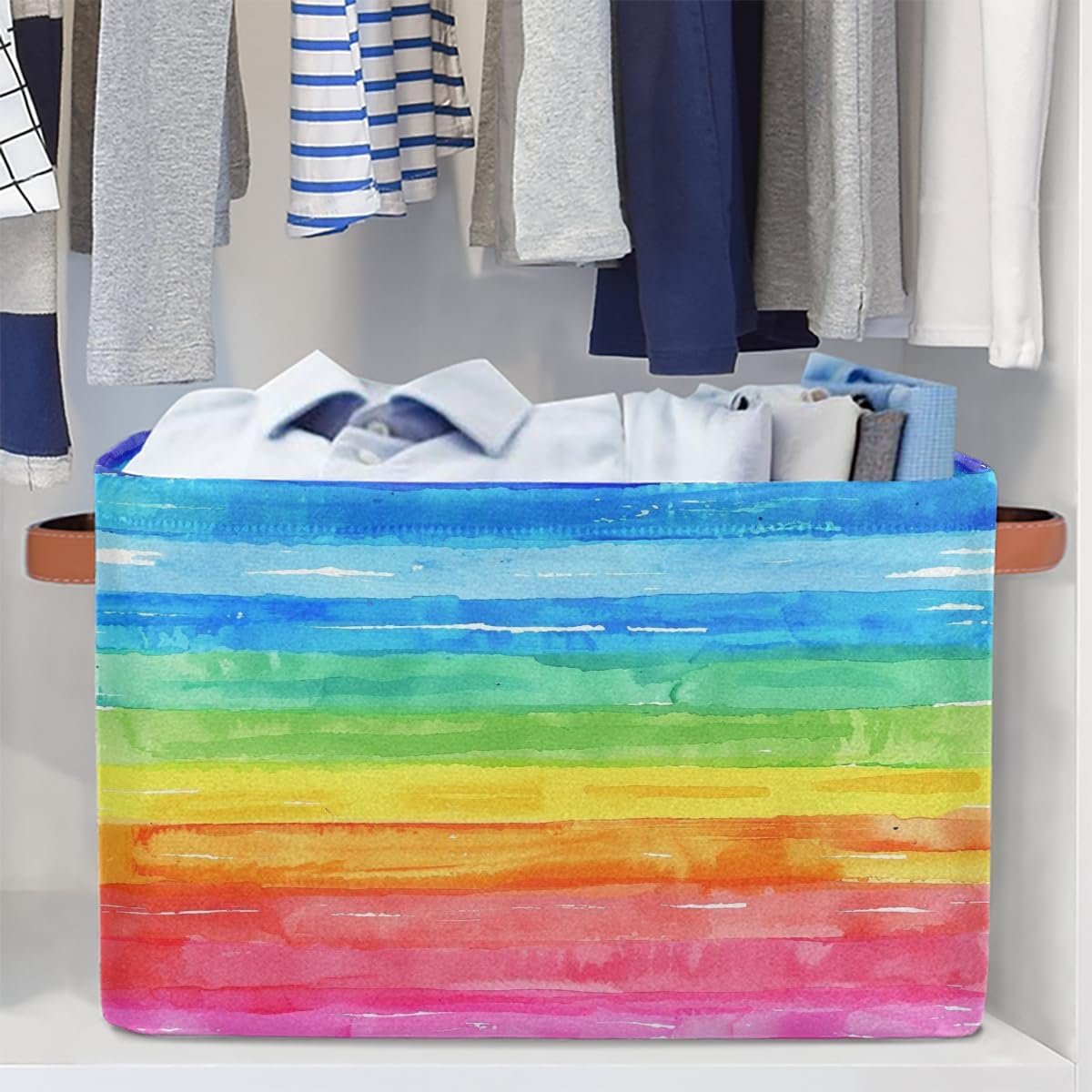 Watercolor Rainbow Storage Basket for Shelves, Storage Bins with Handles, Collapsible Basket for Organizing, Closet Toy Baskets for Nursery Room, 15x11x9.5 in, Canvas, Rainbow Colored