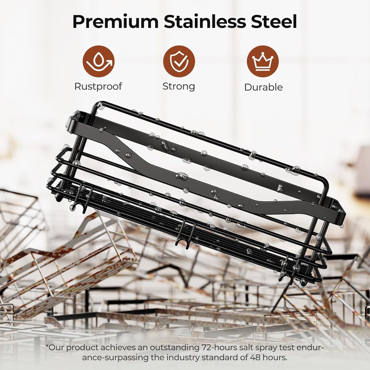 Orimade Shower Caddy Basket Shelf Storage Rack, No Drilling Wall Mounted Adhesive Rust Proof Stainless Steel Shower Organizer with 5 Hooks for Bathroom, Black 2 Pack