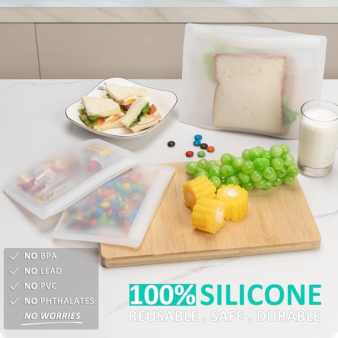 Reusable Sandwich Bags & Snack Bags Set, 8 Pack, 100% Silicone Reusable Storage Bag, Soft Shell Ziplock Silicone Food Storage Containers, Freezer Microwave Oven Dishwasher Safe, Translucent
