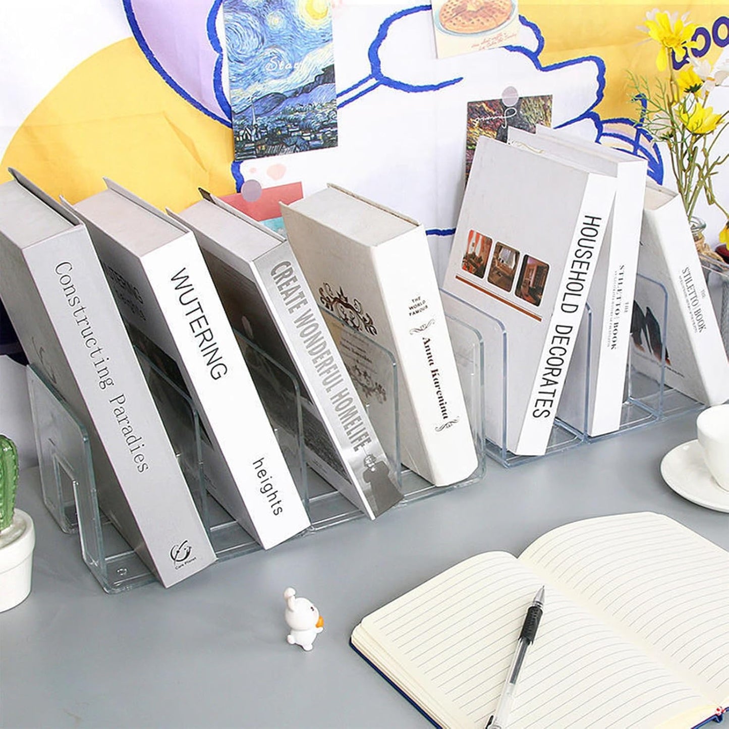 2PCS Acrylic File Organizer for Desk, Desktop Document/Mail Organizer, 4 Compartments Plastics Invisible Bookshelf Floating (12.5" x 5.7" x 5", Black)