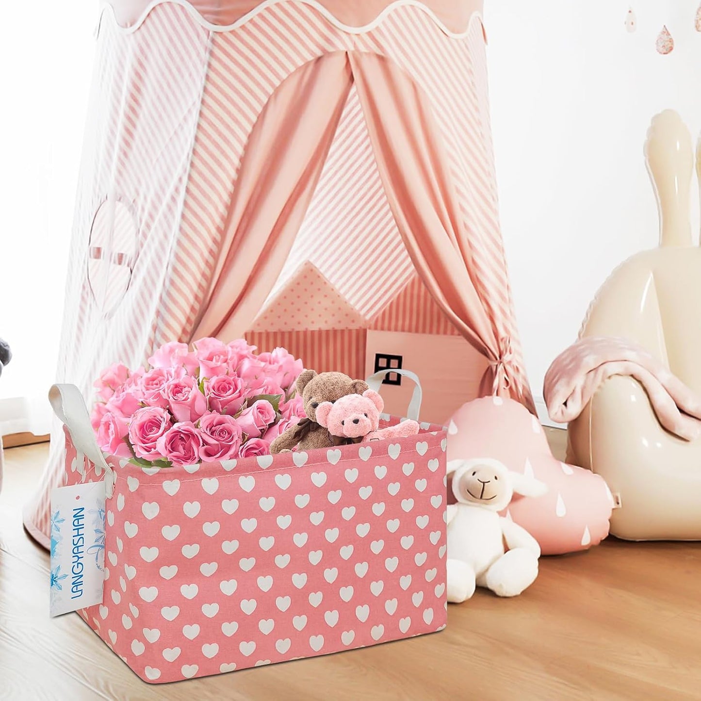LANGYASHAN Rectangular Storage Bin Collapse Canvas Fabric Cartoon Storage Basket with Handles for Organizing Home Kitchen Boys and Girls Toys Office Closet Shelf Baskets (Rec pink heart)