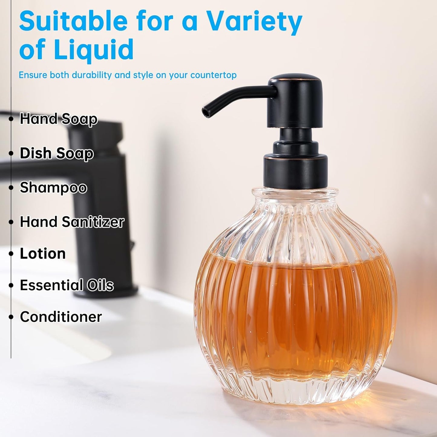 Round Soap Dispenser Bathroom with Oil Rubbed Bronze Pump, Glass Pump Bottle with Stainless Steel Pump Liquid Sphere Soap Dispenser Circular Countertop Kitchen