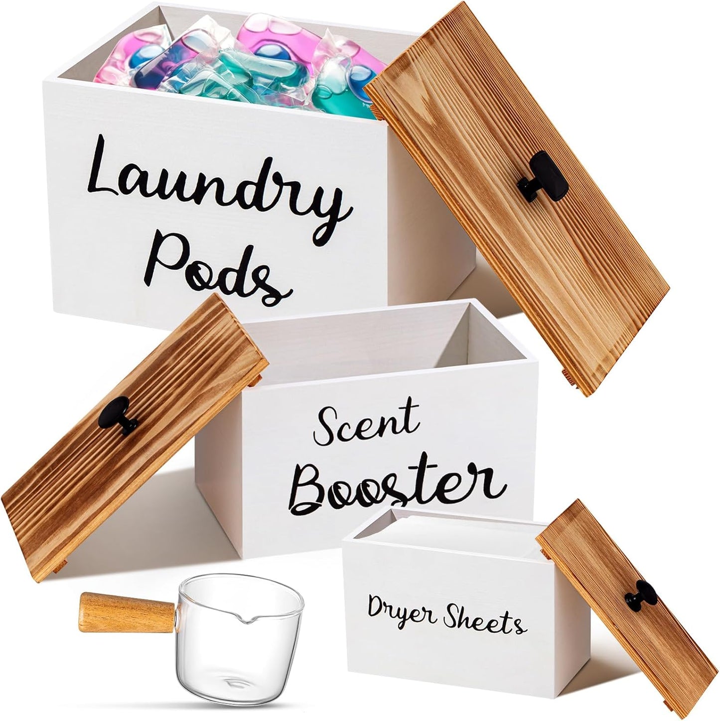 Dandat 3 Pcs Dryer Sheet Holder Laundry Pod Holder Scent Booster Container Set with Scoop Rustic Wood Dryer Sheet Container Laundry Beads Dispenser for Storage(White)