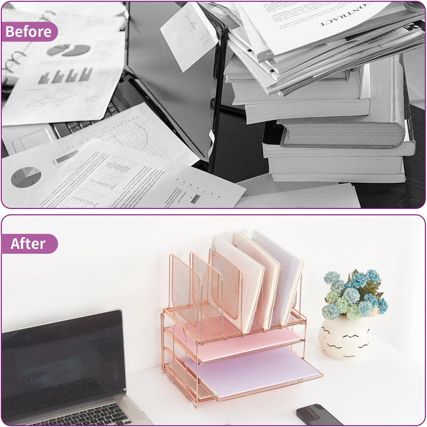 Desk Organizers and Accessories, 3-Tier Paper Organizer with 5 Vertical File Holders, File Organizer for Desk (Rose Gold, 3T)