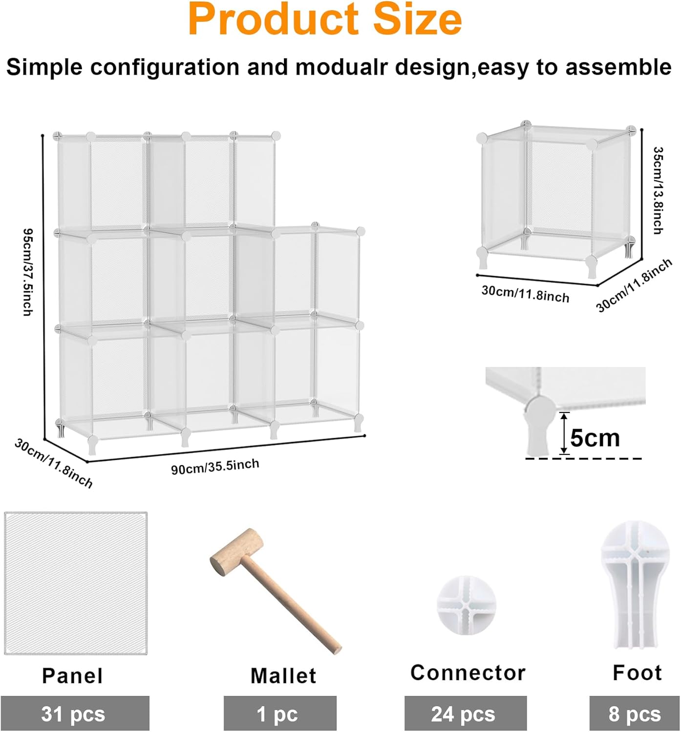 AWTATOS 8 Cube Storage Organizer, Closet Organizer Storage Shelf, Bookcase Bookshelf, DIY Stackable Storage Cubes Shelves for Closet, Bedroom, Home, Office, Transparent Twill