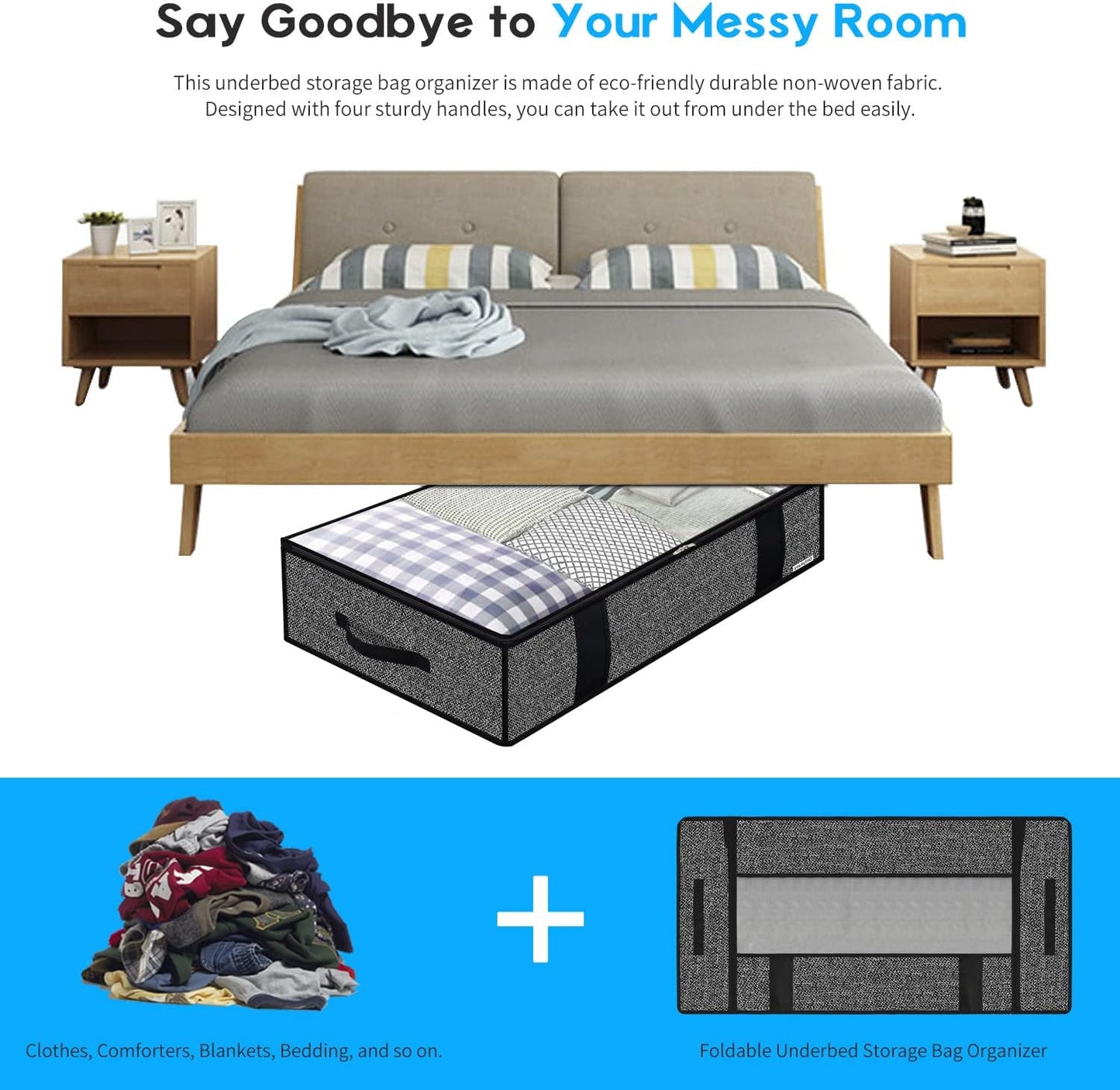 Onlyeasy Foldable Underbed Bags - 2 Pack Blankets Clothes Comforters Storage Bag Breathable Zippered Organizer for Bedroom with Clear Window and 4 Handles, 100 x50 x15cm, Linen-Like Black, MXAUBBP2