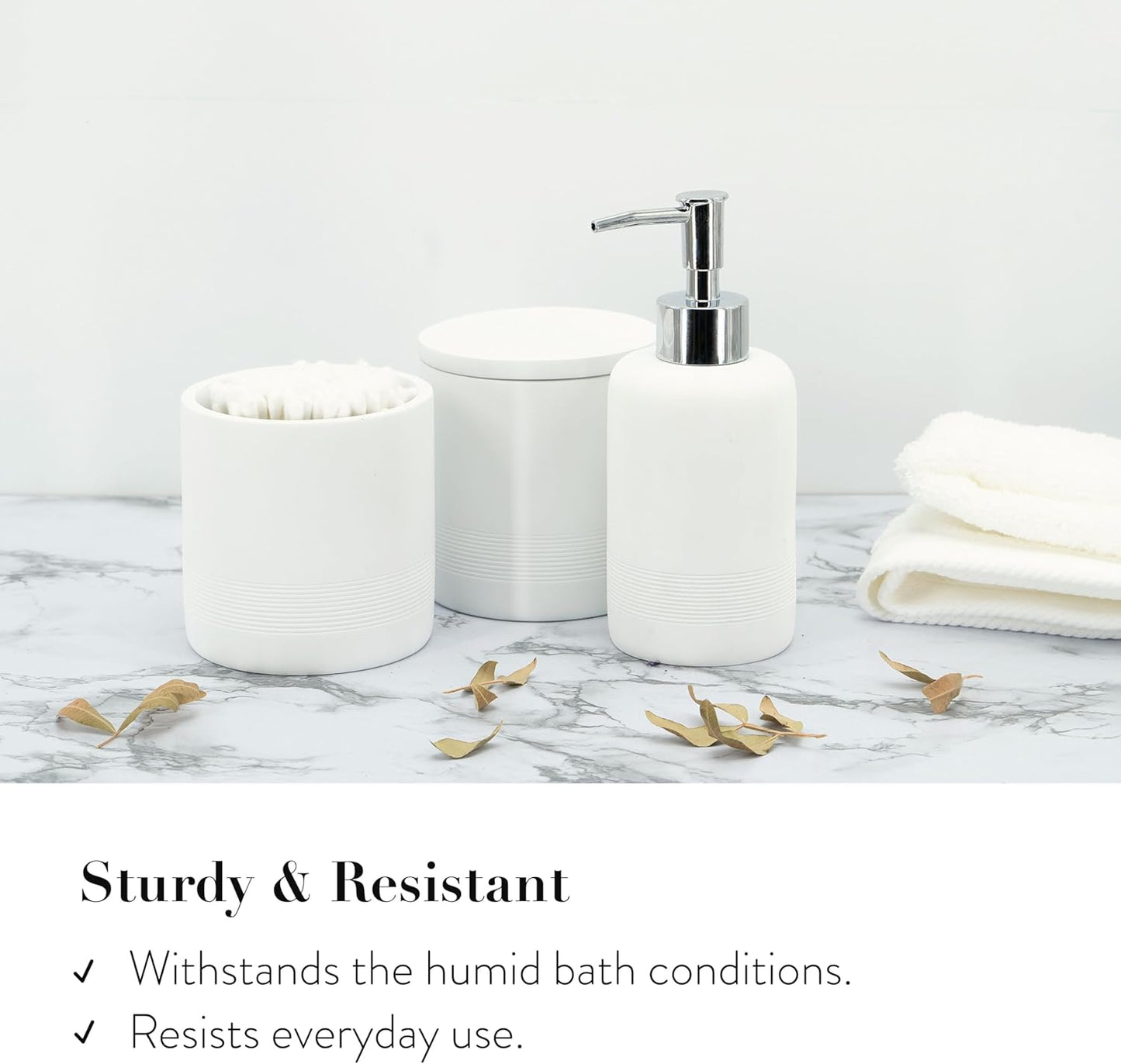 ZCCZ White Bathroom Accessories Set 6 Pieces - Toothbrush Holder, Lotion Dispenser, Qtip Container, Vanity Tray, Tumbler - Countertop Organizer for Bathrooms - Elegant and Functional Décor Set