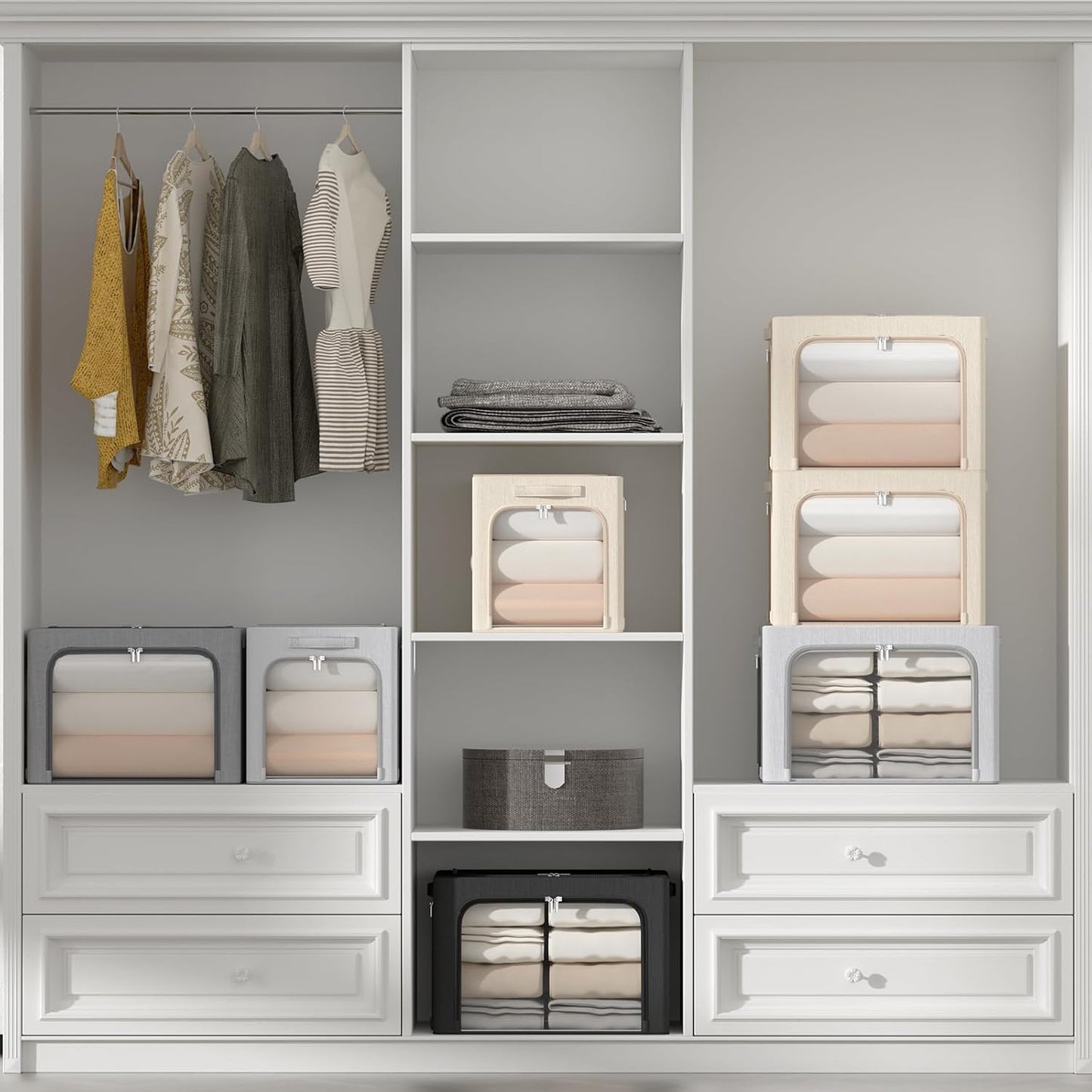 3 Openings Clothes Storage Bins Box - 3Pack Stackable Foldable Storage Bin - Metal Frame Storage Box Clothing Storage Organizer with Clear Window, Carry Handles (Beige, 100L-23.6x16.5x15.7in)