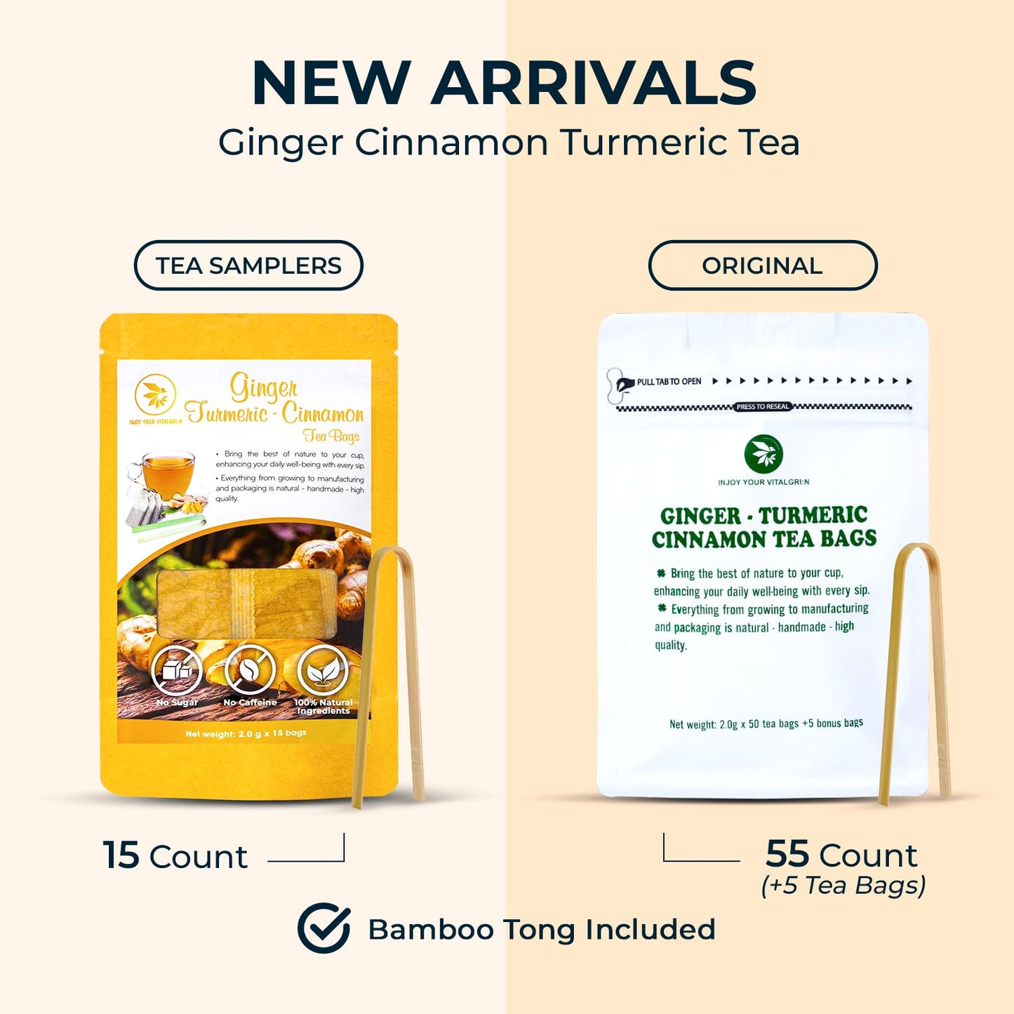 Ginger Cinnamon Turmeric Tea Samplers - 15 Count, Mini Tea Bags, Bamboo Tong Included, Re-Steep Corn Based Tea Bags, No Sugar Added, Natural Herbal Tea for Body Warm, Relax, Refreshing