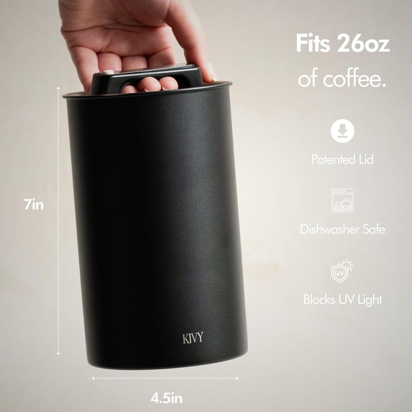 KIVY Vacuum Coffee Canister - Push Lid Preserves Coffee Aroma & Oil - Stainless Steel Airtight Coffee Canister - Container for Ground & Coffee Bean Storage - Coffee Storage Jar - Removes Excess Air