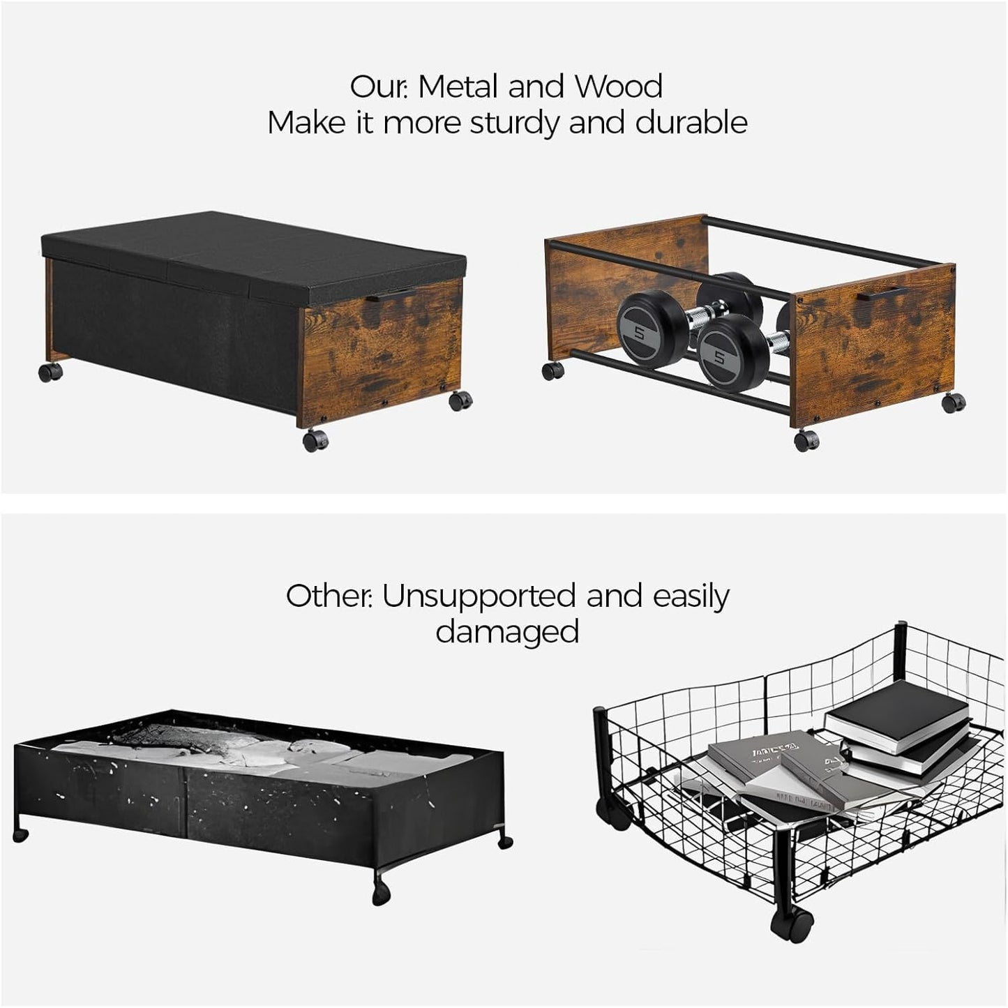 Under Bed Storage with Wheels,Under Bed Drawers Heavy Duty, 2 Packs, Wooden Under Bed Storage Containers Organizer, Metal Frame, Patented Design