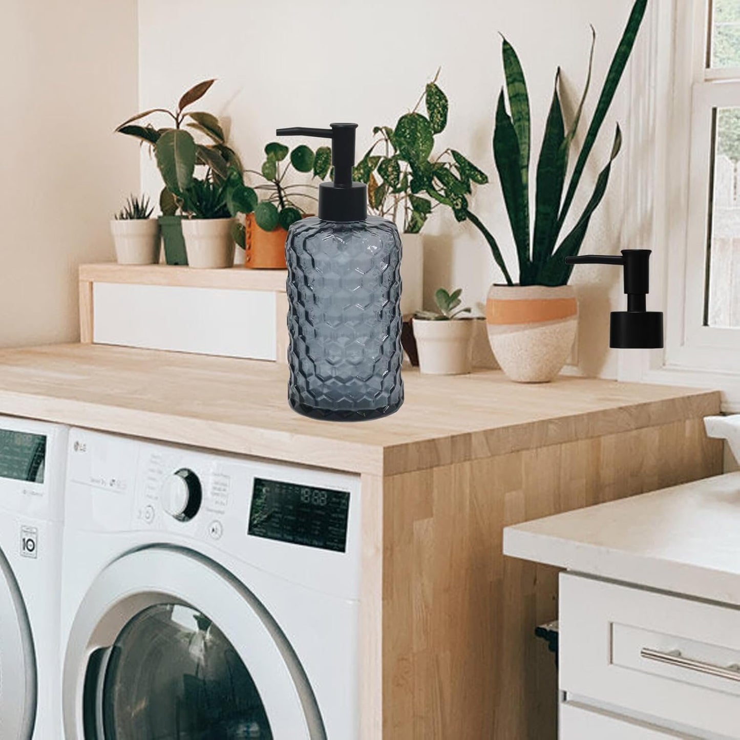 Glass Soap Dispenser with Plastic Pump, 17oz Liquid Hand Soap Dispenser for Kitchen & Bathroom, Great for Lotions, Essential Oil, Liquid Soaps (Grayish Blue)