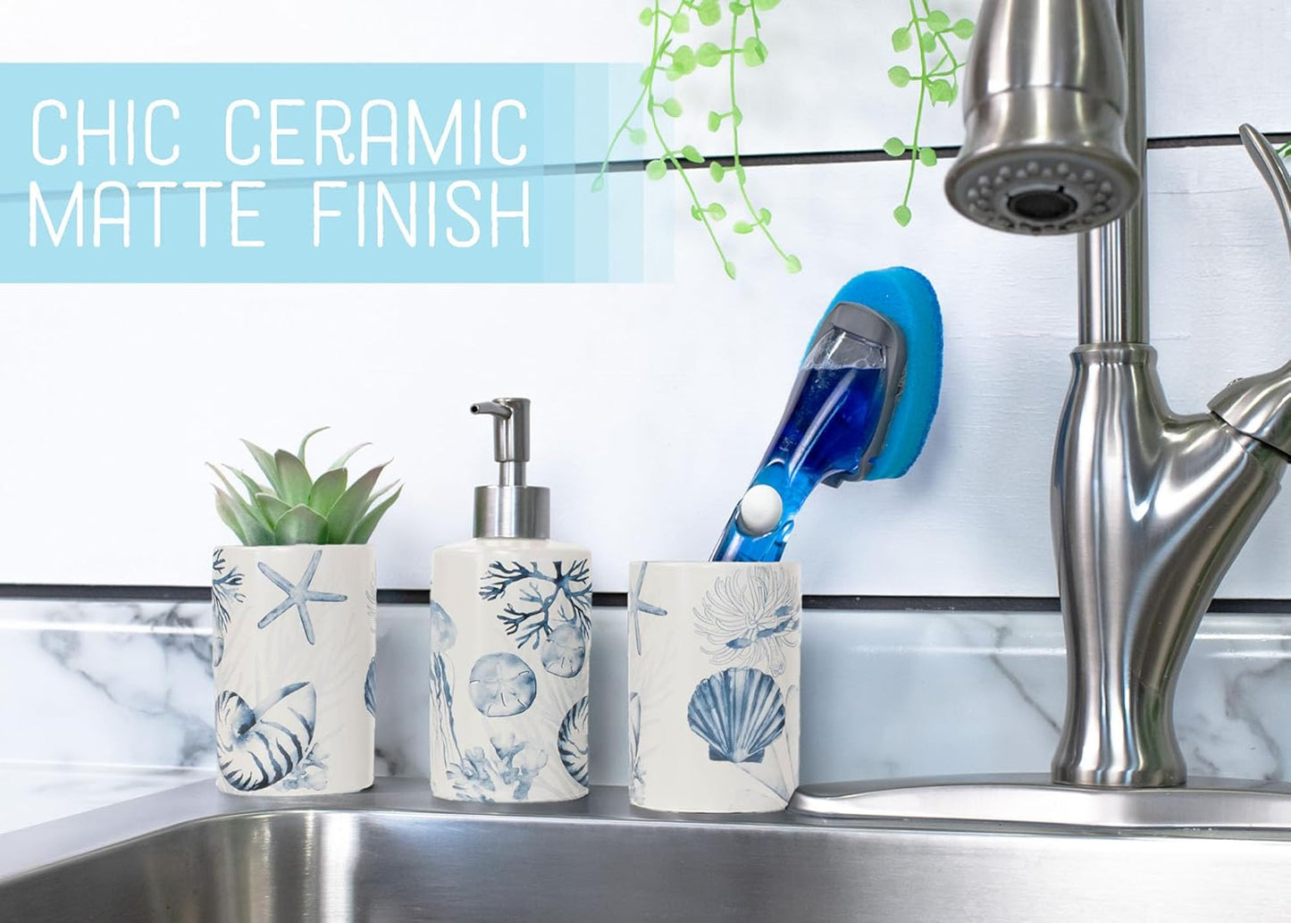 NAT & Jules Chic Modern Rounded 4.5 inch Ceramic Bathroom Accessories Set of 4 - Home Décor & Organization Perfect for Bath or Kitchen Household Essentials, Beach Nautical Blue & White