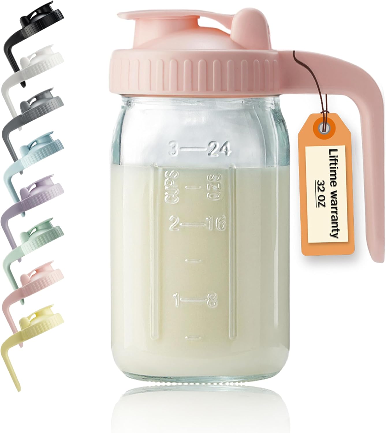 32oz Glass Pitcher with Lid & V-shaped Pour Spout - 1 Quart Breastmilk Pitcher Double Leak Proof, Creamer Container for Sun Tea, Juice, Cold Brew Coffee, Breastmilk Storage Container