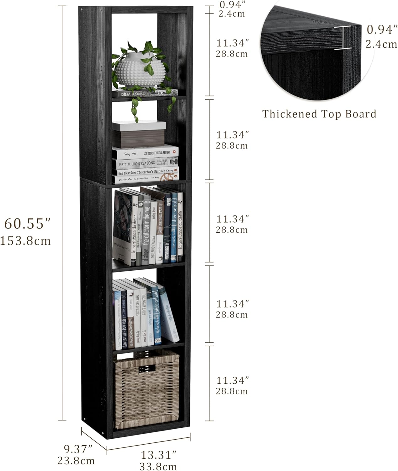 Tall Cube Storage Organizer Bookcase, 5 Tier 11 inch Open Back Cubical Shelf with Thickened Border, Display Bookshelf for Living Room, Home Office, Sturdy Room (Black, 5 Cube,Vertical)