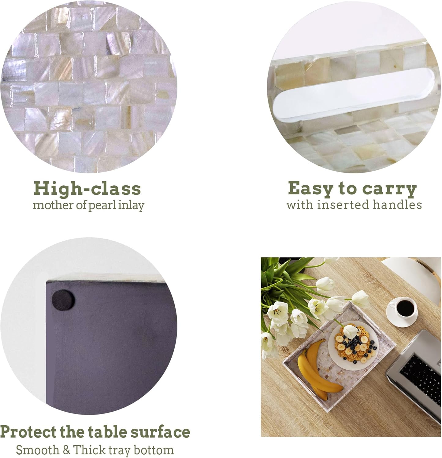 PEMAR Rectangular Mother of Pearl Serving Tray Nacre Wood Lap Ottoman Tray for Coffee Table, Luxury Decorative Handmade Eating Platters w Insert Handles (White Cream)