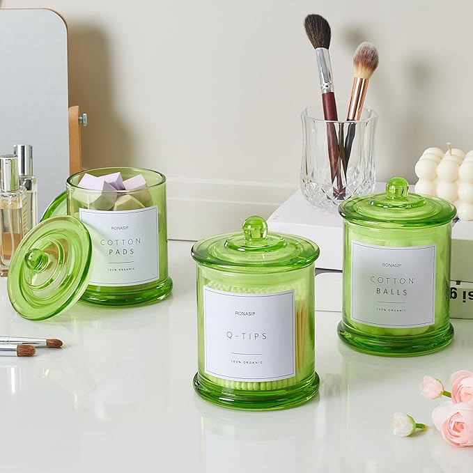 3 Pack Qtip Holder Dispenser, 16oz Bathroom Organizer and Storage Canisters, Glass Apothecary Jars with Lid - Home Decor, Room Decor Aesthetic (Green)