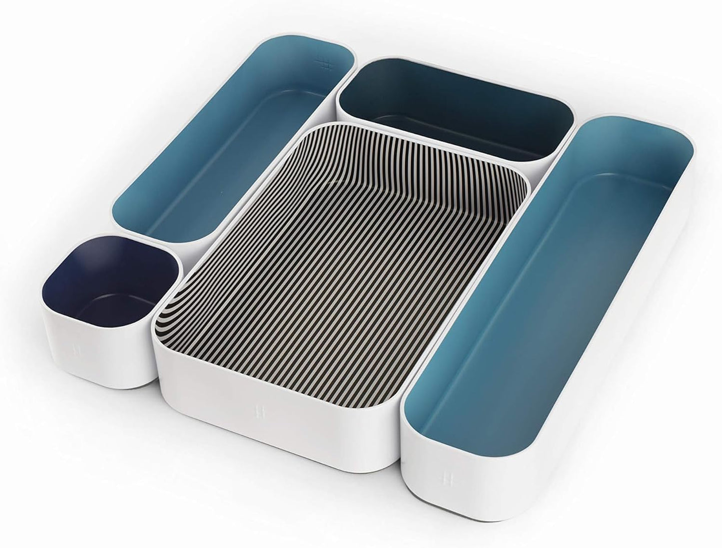 Three by Three Seattle 5 Piece Metal Organizer Tray Set for Storing Makeup, Stationery, Utensils, and More in Office Desk, Kitchen and Bathroom Drawers (2 Inch, Assorted Blue and Stripes)