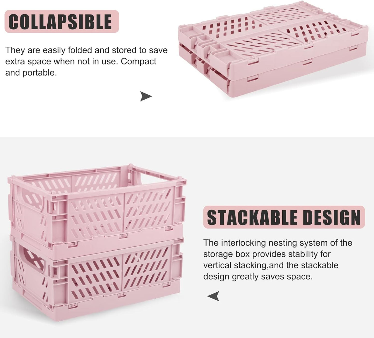 Plastic Baskets for Desk Organizing, Drawer Organizer, 2 Medium+2 Small Durable Folding Storage Crate for Home Kitchen Classroom Office Bedroom and Bathroom (Pink)