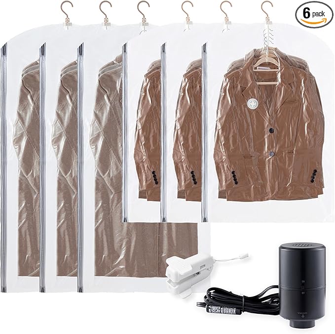 TAILI Hanging Vacuum Sealer Suction Space Saver Storage Bags for Clothes with Electric Air Pump and Rolling Slide Clip for Coats, Closet Organizers, 3 Long 3 Short