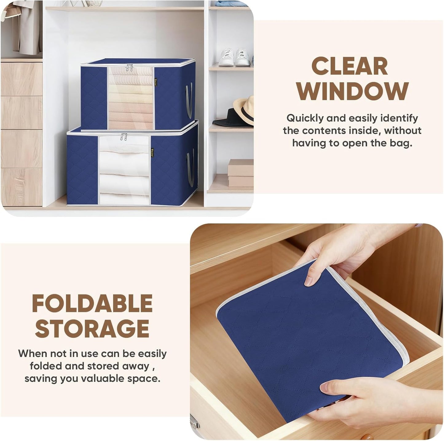 BALEINE 4 Pack Clothes Storage Bags, 16 Gallon Storage Containers with Reinforced Handle, Sturdy Zipper, Closet Organizer for Blanket, Comforter, Pillow, Bedding (Blue, 4 Pack)