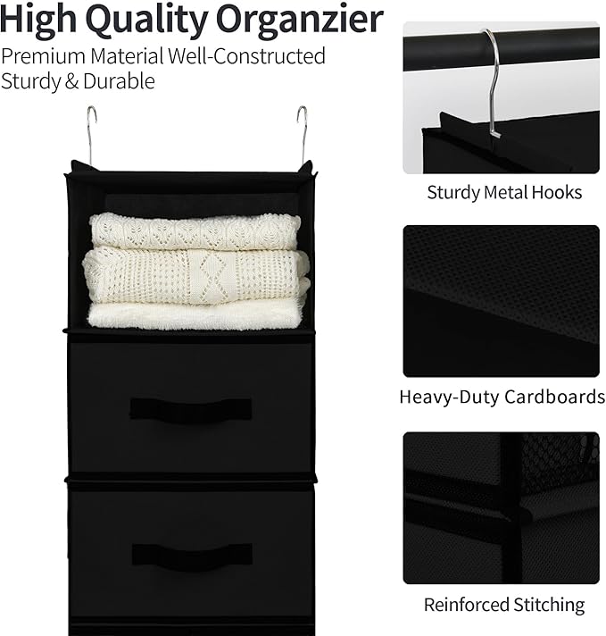 GRANNY SAYS Hanging Closet Organizer 6 Shelves, Closet Organization and Storage with 5 Different Drawers, 6 Side Pockets Wardrobe Clothes Organizer for Closet, Black, 1-Pack