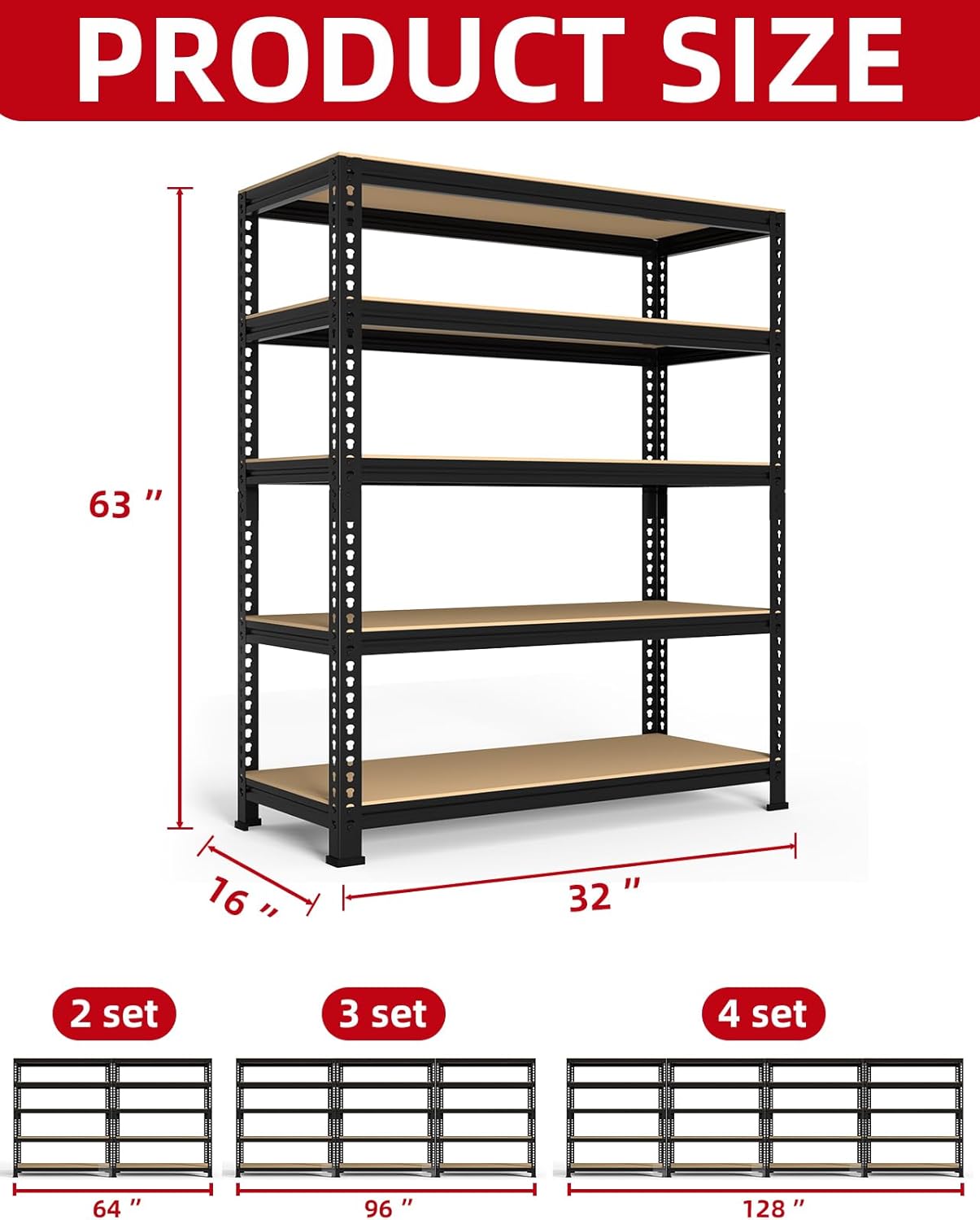 PrimeZone 32"W x 16"D x 63" H Storage Shelves - 2 Pack 5 Tier Adjustable Garage Storage Shelving, Heavy Duty Metal Storage Organizer Utility Rack Shelf Unit for Warehouse Pantry Closet Kitchen, Black