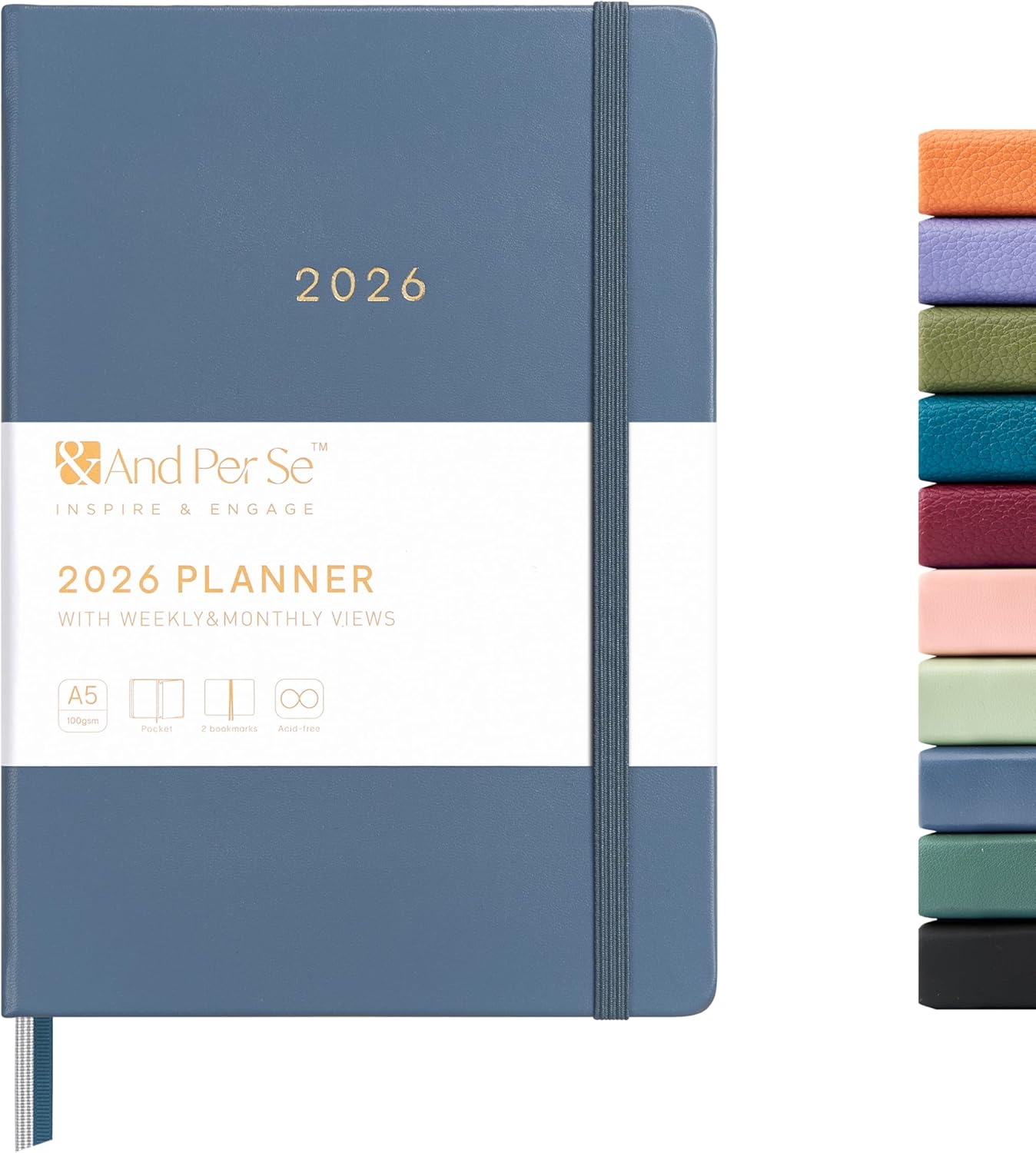 And Per Se 2026 Planner-Daily, Weekly & Monthly Leather Hardcover Planner, 5.7" x 8", Daily Schedule, Monthly Tabs, 100 GSM Thick Paper, Back Pocket(Dark Blue)