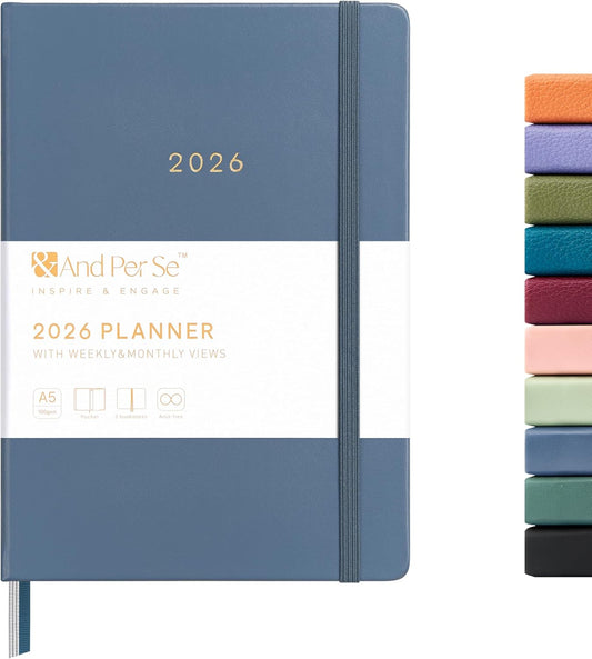 And Per Se 2026 Planner-Daily, Weekly & Monthly Leather Hardcover Planner, 5.7" x 8", Daily Schedule, Monthly Tabs, 100 GSM Thick Paper, Back Pocket(Dark Blue)