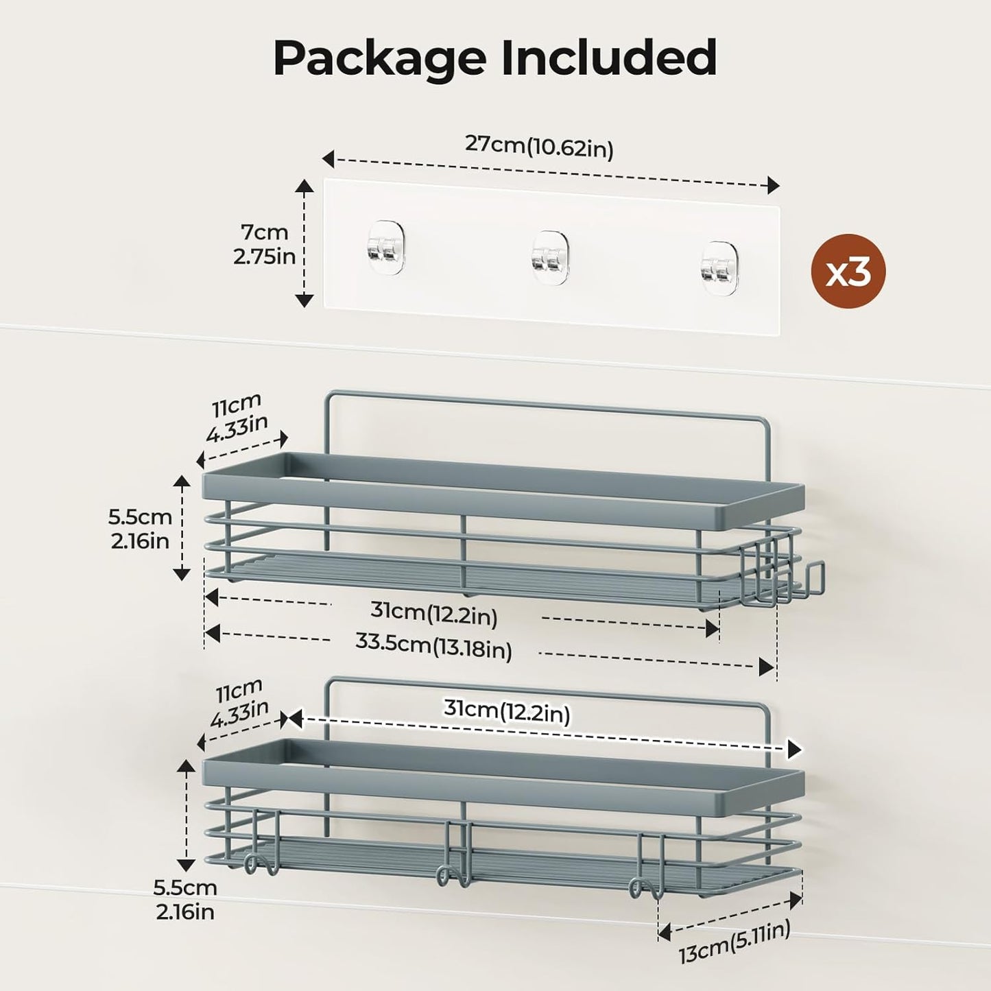 Orimade Shower Caddy with 5 Hooks for Hanging Razor and Sponge Adhesive Shower Shelf Basket Bathroom Storage Organizer Kitchen Rack No Drilling Stainless Steel Rustproof - 2 Pack, Light Blue Grey