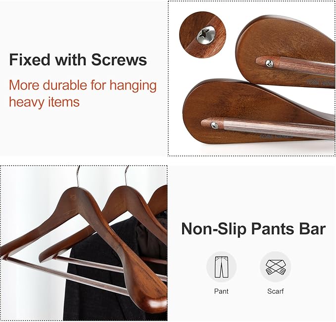 TOPIA HANGER Wide Shoulder Wooden Hangers, Suit Hangers with Non Slip Pants Bar & 360° Swivel Hook, Solid Wood Heavy Duty Coat Hanger, 10 Pack (Walnut)-CT02WA-10